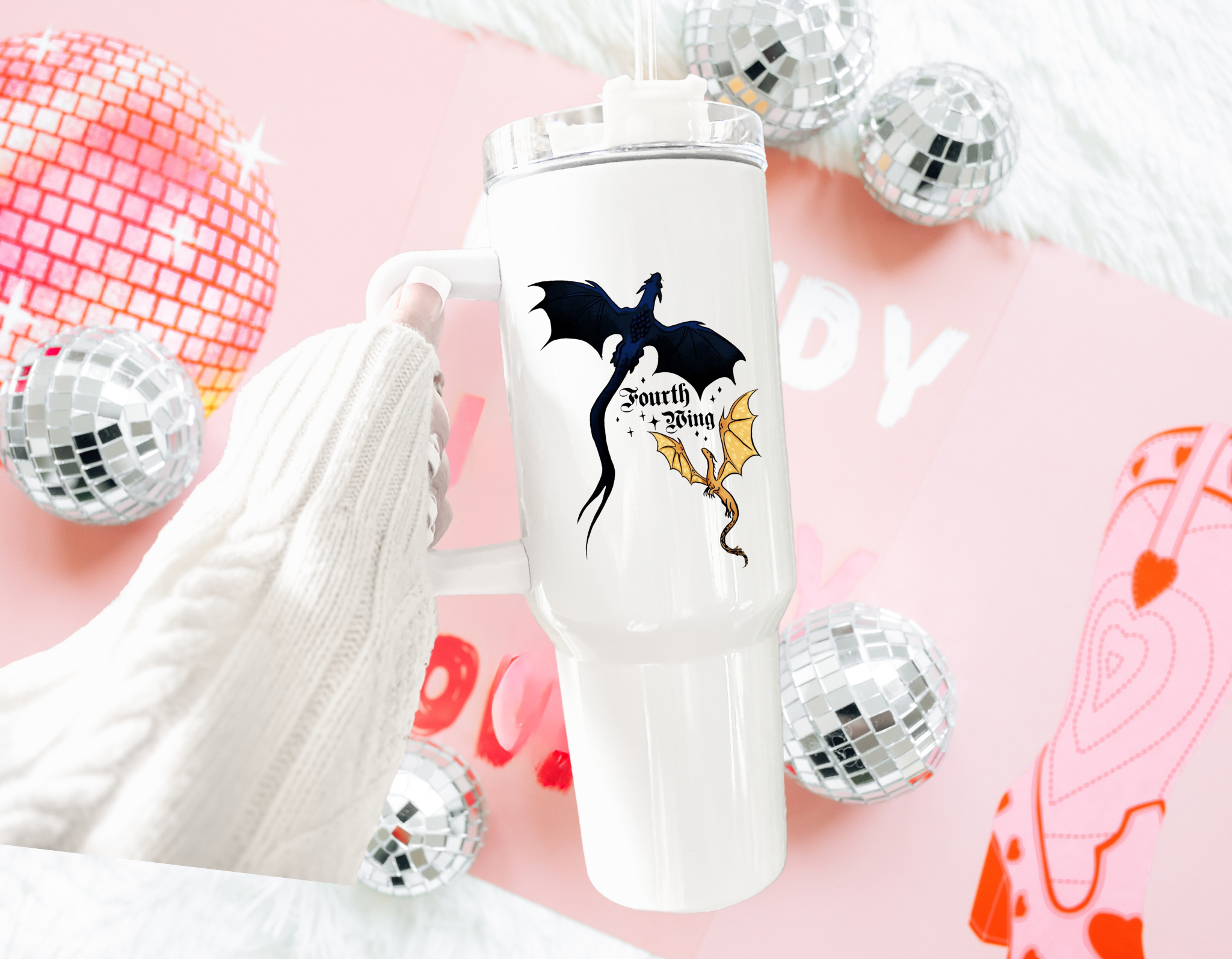 40 oz tumbler featuring a design inspired by Fourth Wing, with bold graphics, intricate patterns, or imagery that reflects the book’s fantasy world—perfect for staying hydrated while showing off your love for the story.