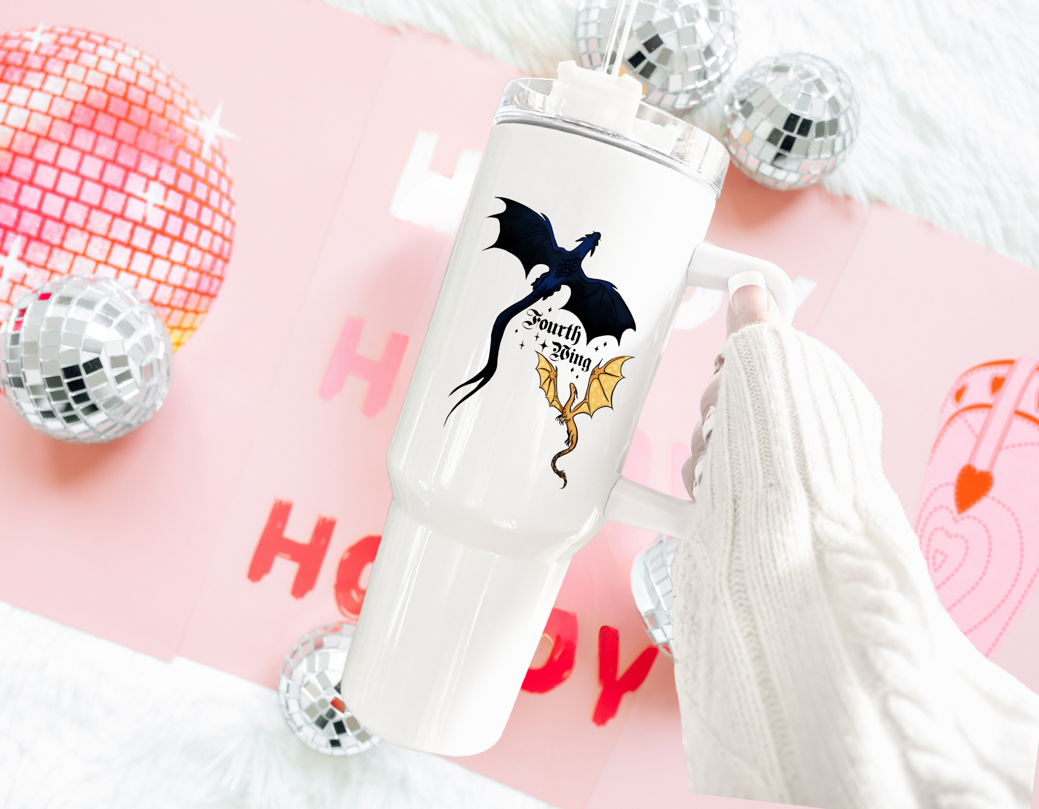 40 oz tumbler featuring a design inspired by Fourth Wing, with bold graphics, intricate patterns, or imagery that reflects the book’s fantasy world—perfect for staying hydrated while showing off your love for the story.