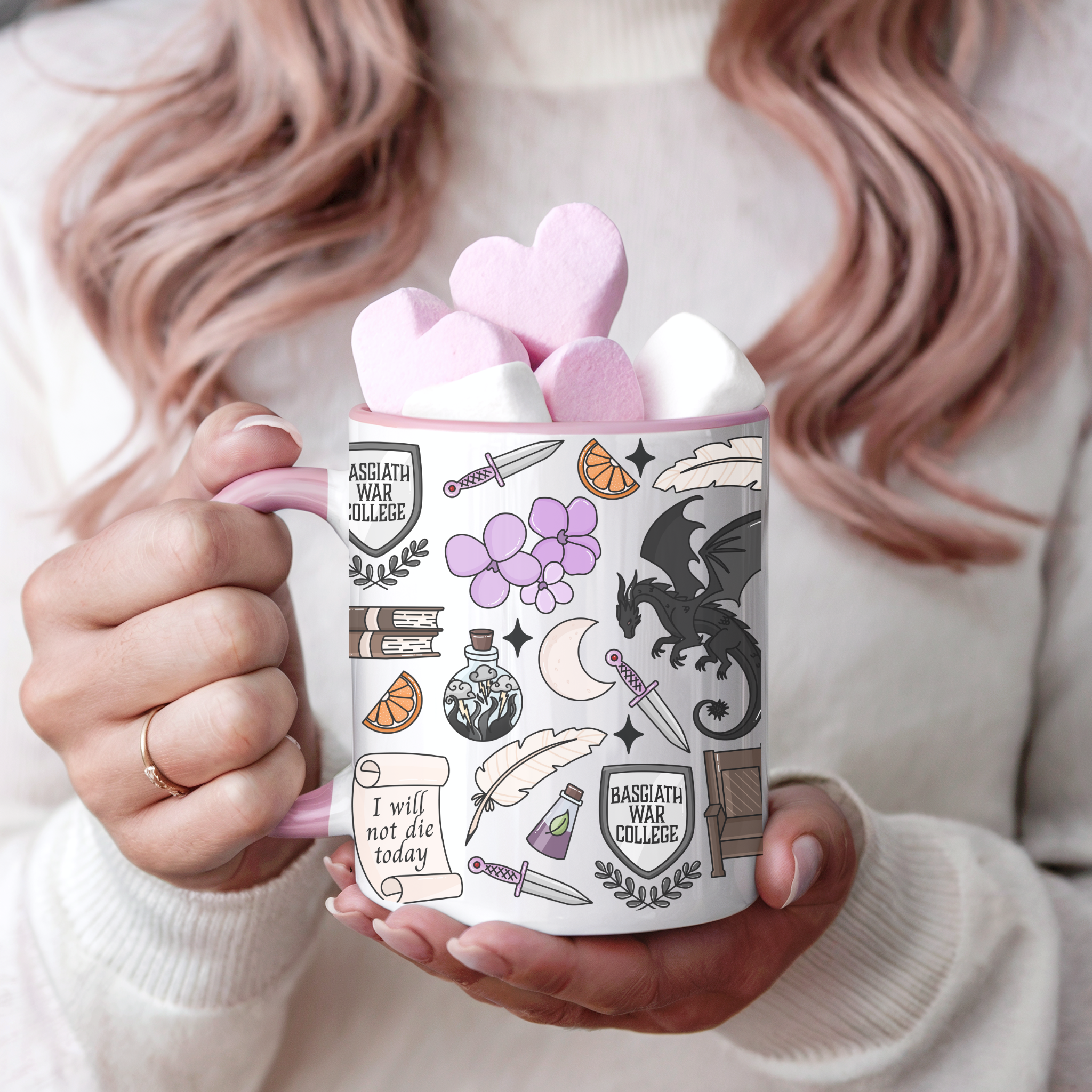 Pink ceramic mug with a design inspired by Fourth Wing, featuring intricate artwork or lettering related to the book's theme or characters.